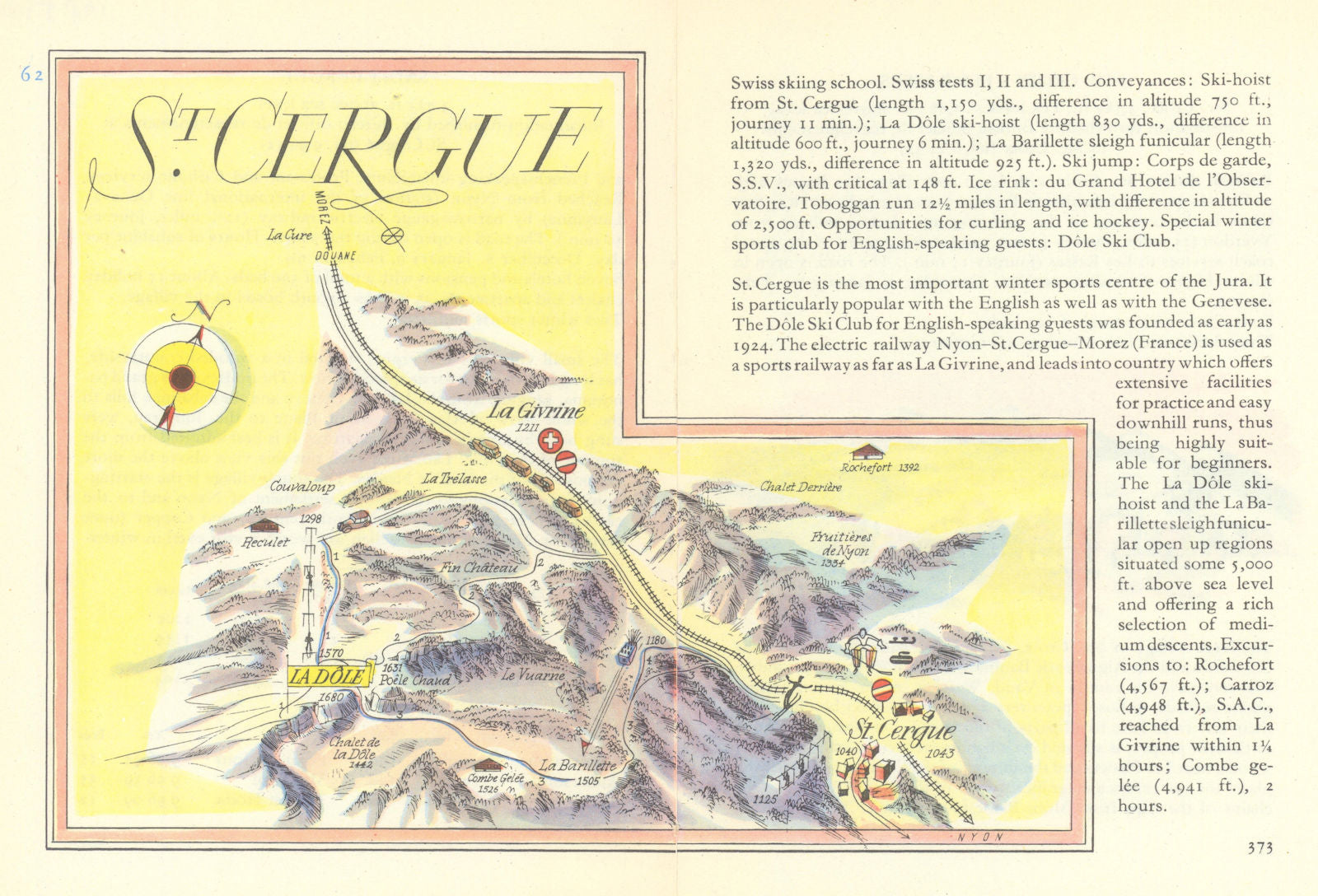 St. Cergue ski resort piste/trail map by Otto Müller. Switzerland 1949 old